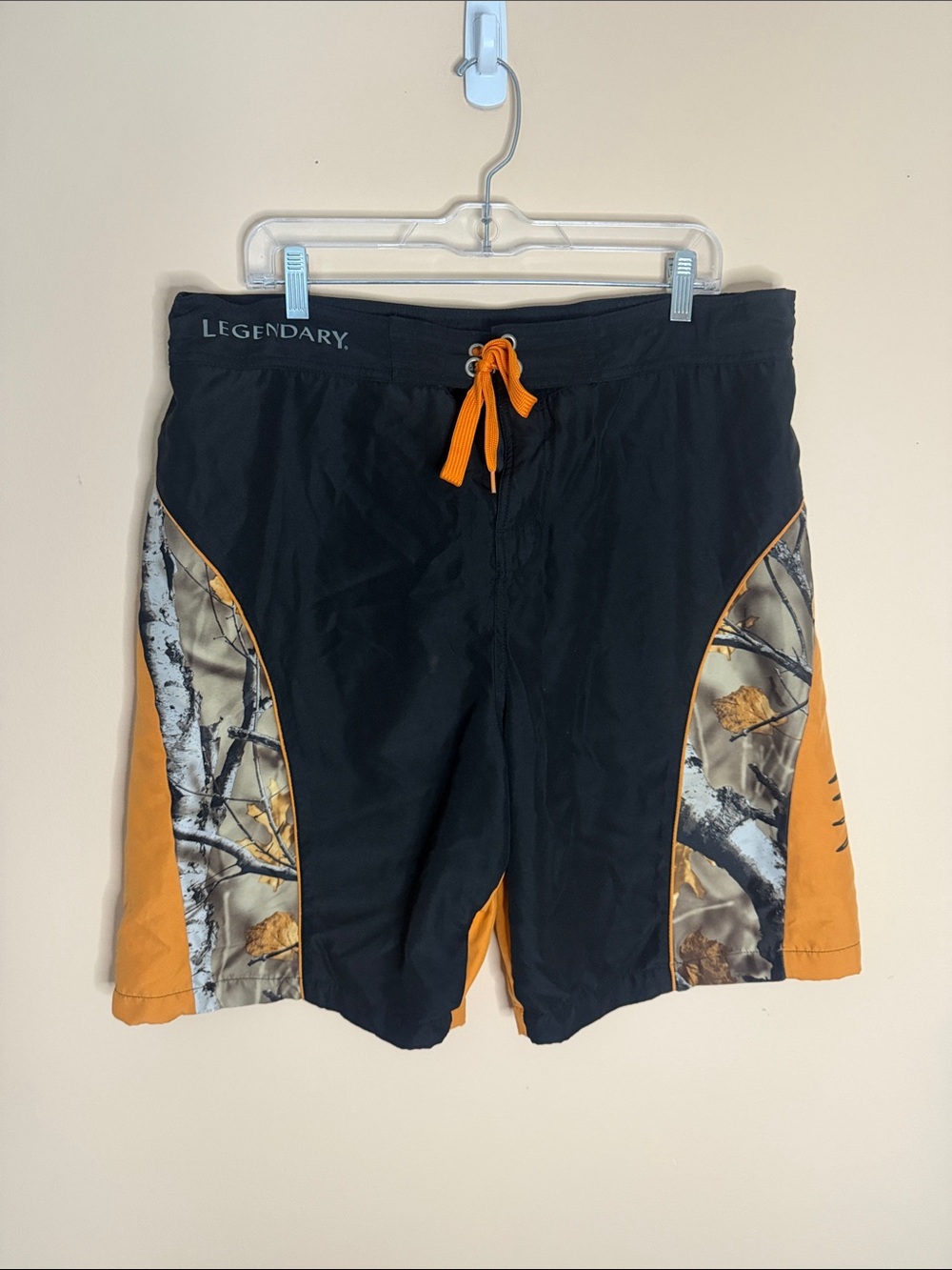 Legendary Whitetails Black & Orange Men’s Swim Trunks with Camo Panels